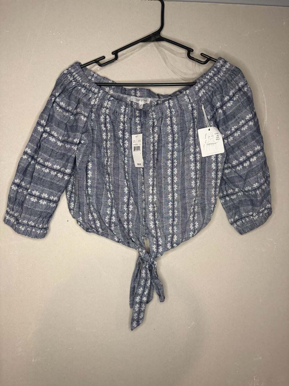 Taylor & Sage Women's Blue Floral Striped Off-The-Shoulder Tie-Front Top Size S
